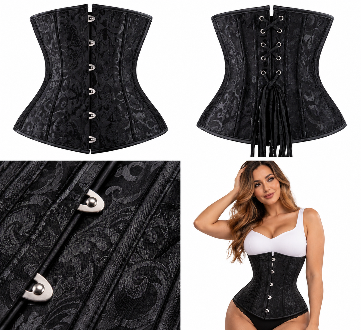 Born2Shop black brocade underbust waist trainer, clean white-background product and model photography